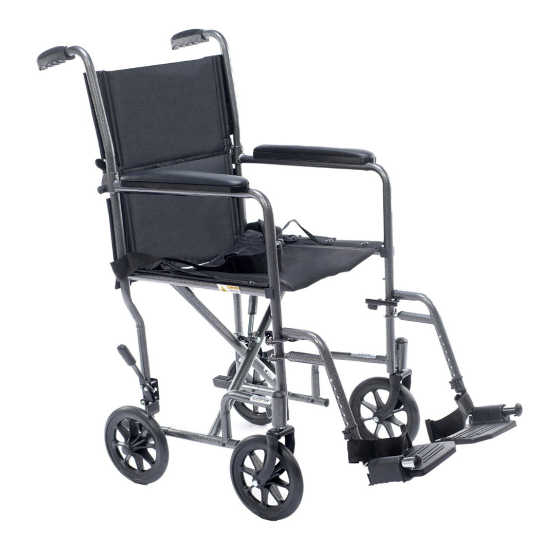 The Proactive Medical Astra Steel Transport Chair features a sturdy steel frame, four small wheels, foldable design, footrests, and black fabric seat and backrest for easy mobility and transport.